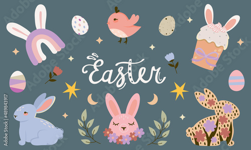Happy Easter. Clipart. Bunnies, Easter eggs, flowers and sweets elements. Cute and simple set of vector illustrations.