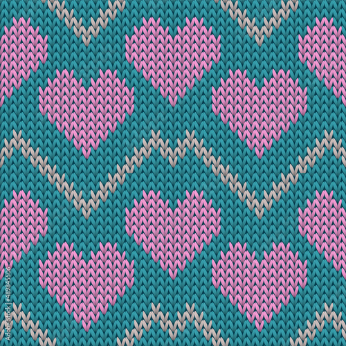 Hygge heart knit nordic vector seamless pattern. Knitting imitation valentine ornament.