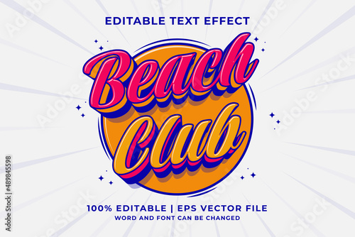 Editable text effect Beach Club 3d Traditional Cartoon template style premium vector