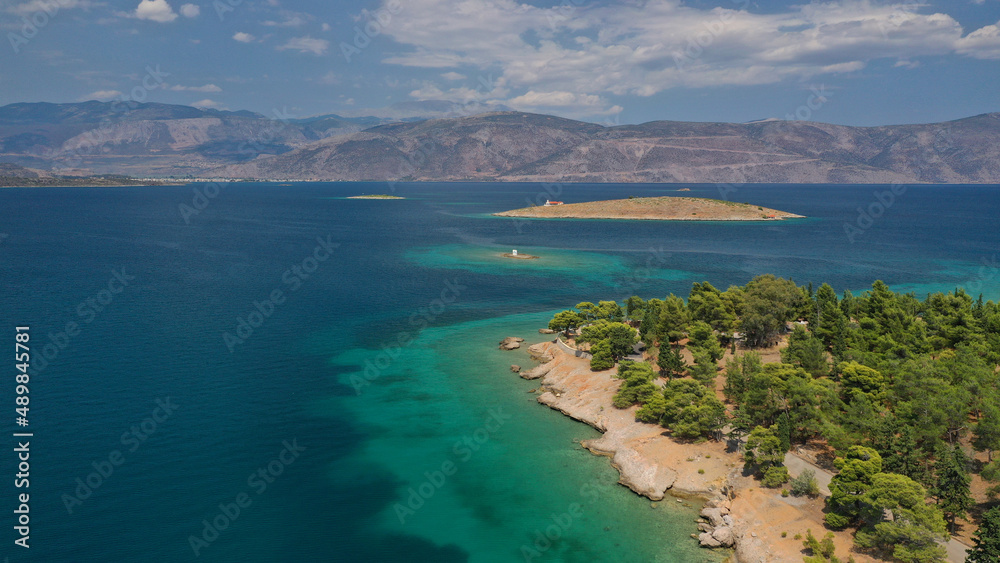 Obraz premium Aerial drone photo of famous seaside area and forest of Kentri in picturesque village and port of Galaxidi, Fokida, Greece