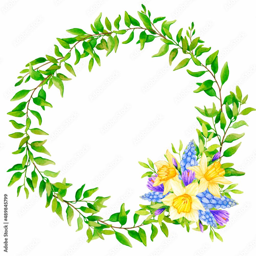 Obraz premium Wreath of spring flowers. Natural decoration. For the design of greeting cards, wedding invitations, birthday, mother's day, for posters, textiles, labels, logo with place for text..