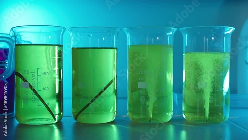 In a special laboratory, a chemical analysis of nails is carried out. They are dipped in green acid. A lot of gas comes out of them, bubbles appear