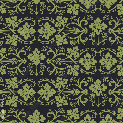 Seamless pattern in black ang green  vintage Victorian floral ornament of wild flowers  scrolls and swirls