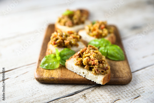 Homemade bruschetta with olive tapenade photo