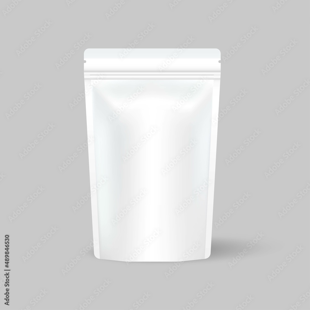White empty foil. Packing bag with zipper closure. The illustration is isolated on a gray background. Mock up, a layout template ready for your design. Vector EPS 10 White empty foil. Packing bag with zipper closure. The illustration is isolated on a gray background. Mock up, a layout template ready for your design. Vector EPS 10