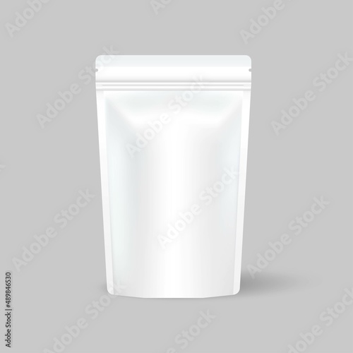 White empty foil. Packing bag with zipper closure. The illustration is isolated on a gray background. Mock up, a layout template ready for your design. Vector EPS 10