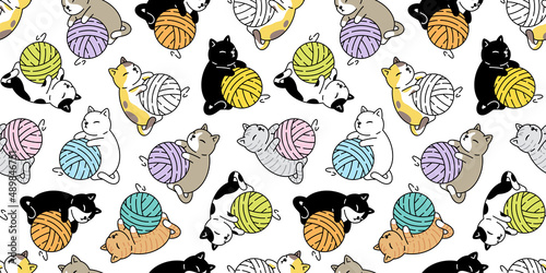 cat seamless pattern calico vector kitten yarn ball neko toy breed cartoon character pet tile background repeat wallpaper animal doodle illustration scarf isolated
