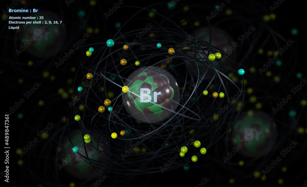 Atom of Bromine with detailed Core and its 35 Electrons with Atoms