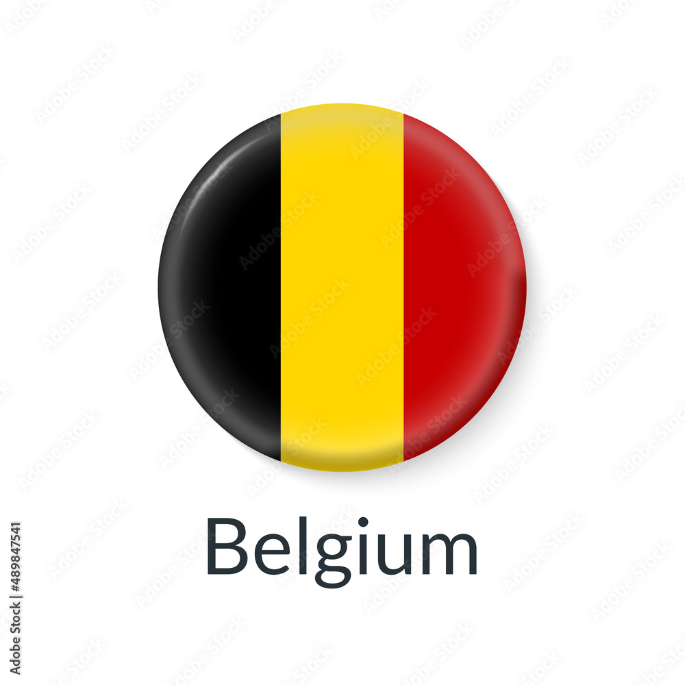 Belgium flag 3d icon, circle badge or button. Round Belgian national symbol. Vector illustration.