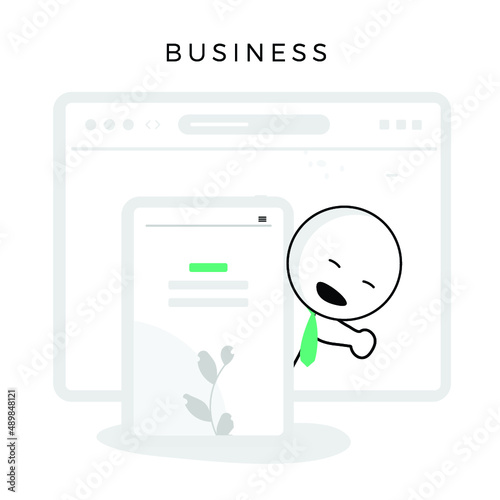 App demonstrate cute businessmen behind tablet