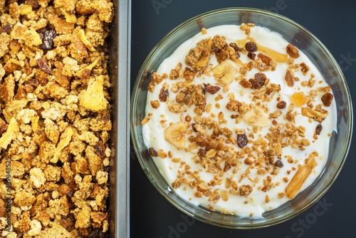 Cereal background with milk and muesli