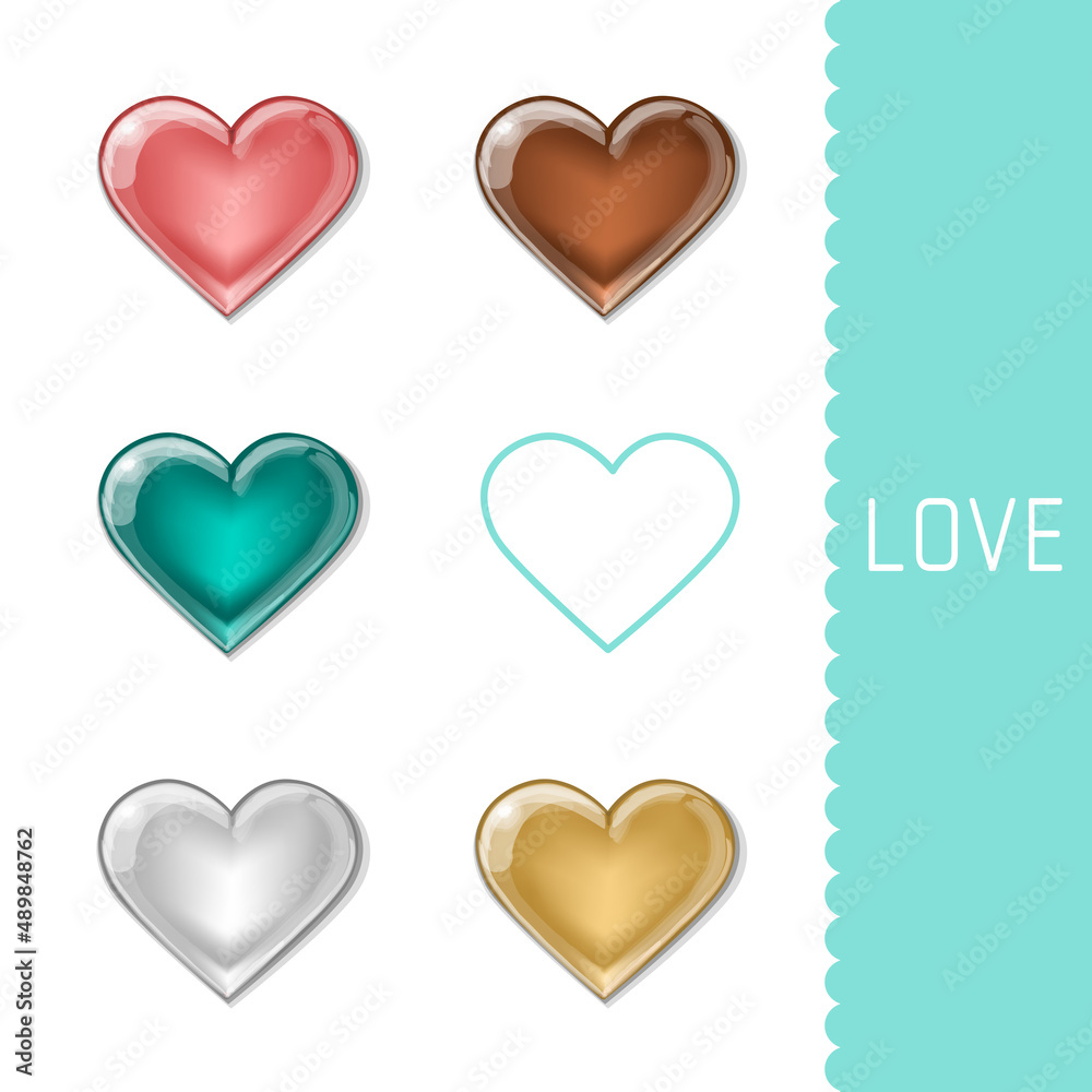 Pink, Brown, Emerald, Silver and Gold glass hearts. Vector Illustration 