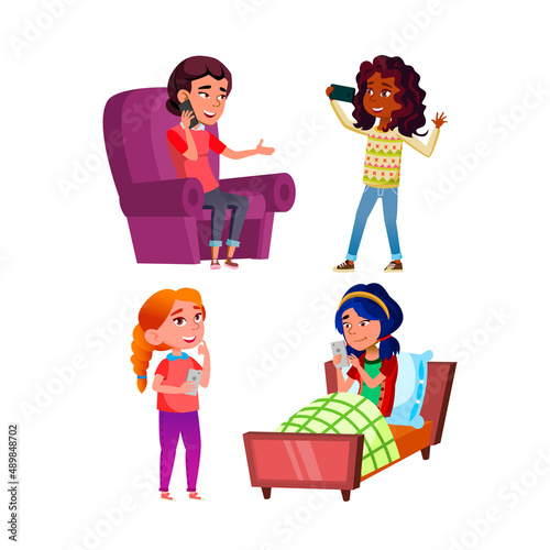 Teen Girls Using Phone Digital Device Set Vector. Young Ladies Teenagers Use Mobile Phone For Communication And Chatting. Characters Talking On Smartphone And Video Call Flat Cartoon Illustrations