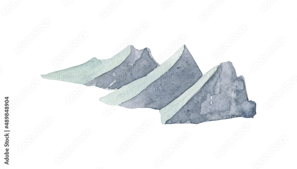 Watercolor mountain illustration. Hand painted high gray peak isolated on white background. Foggy landscape. Nature design for hiking, travel, printing, invitations, cards, decor.