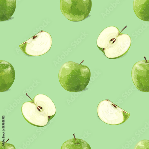 Seamless Pattern with Green Apple in cartoon style. Vegetarian, organic food. 