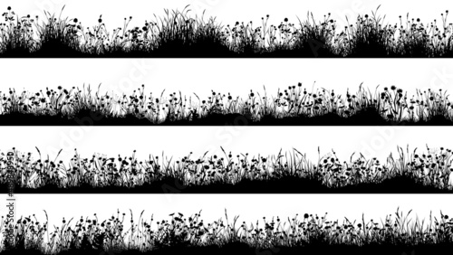 Set of horizontal banners with silhouettes of flowering meadow with uneven ground and many flowers.