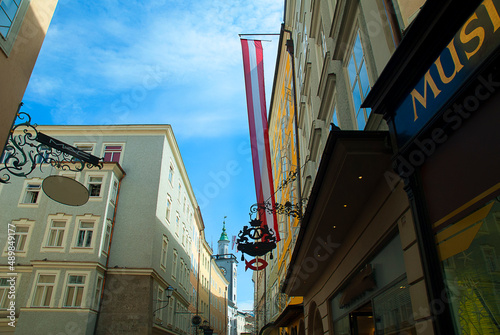 The Getriedegasse is the main shopping street of Salzburg in Austria. In a house at No. 9 on this street the composer Wolfgang Amadeus Mozart was born