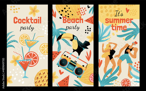 Set of vertical beach party illustrations with dancing young people, toucan on tape recorder cocktails and tropical plants