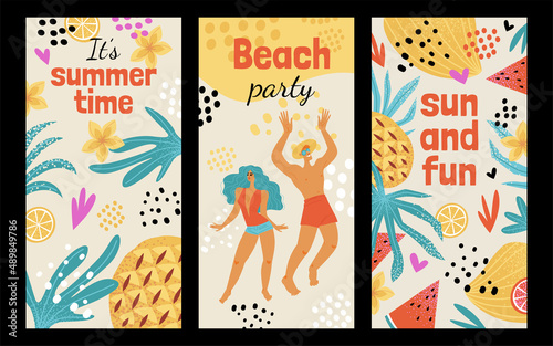 Set of vertical illustrations of a beach party with dancing young people and tropical plants.