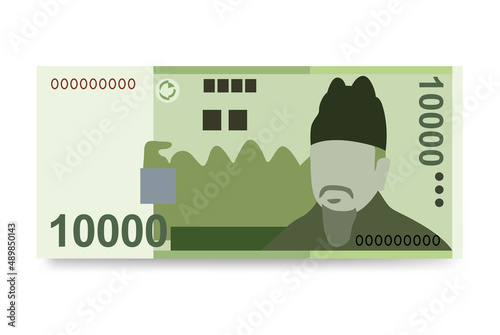 South Korean Won Vector Illustration. South Korea money set bundle banknotes. Paper money 10000 KRW. Flat style. Isolated on white background. Simple minimal design.