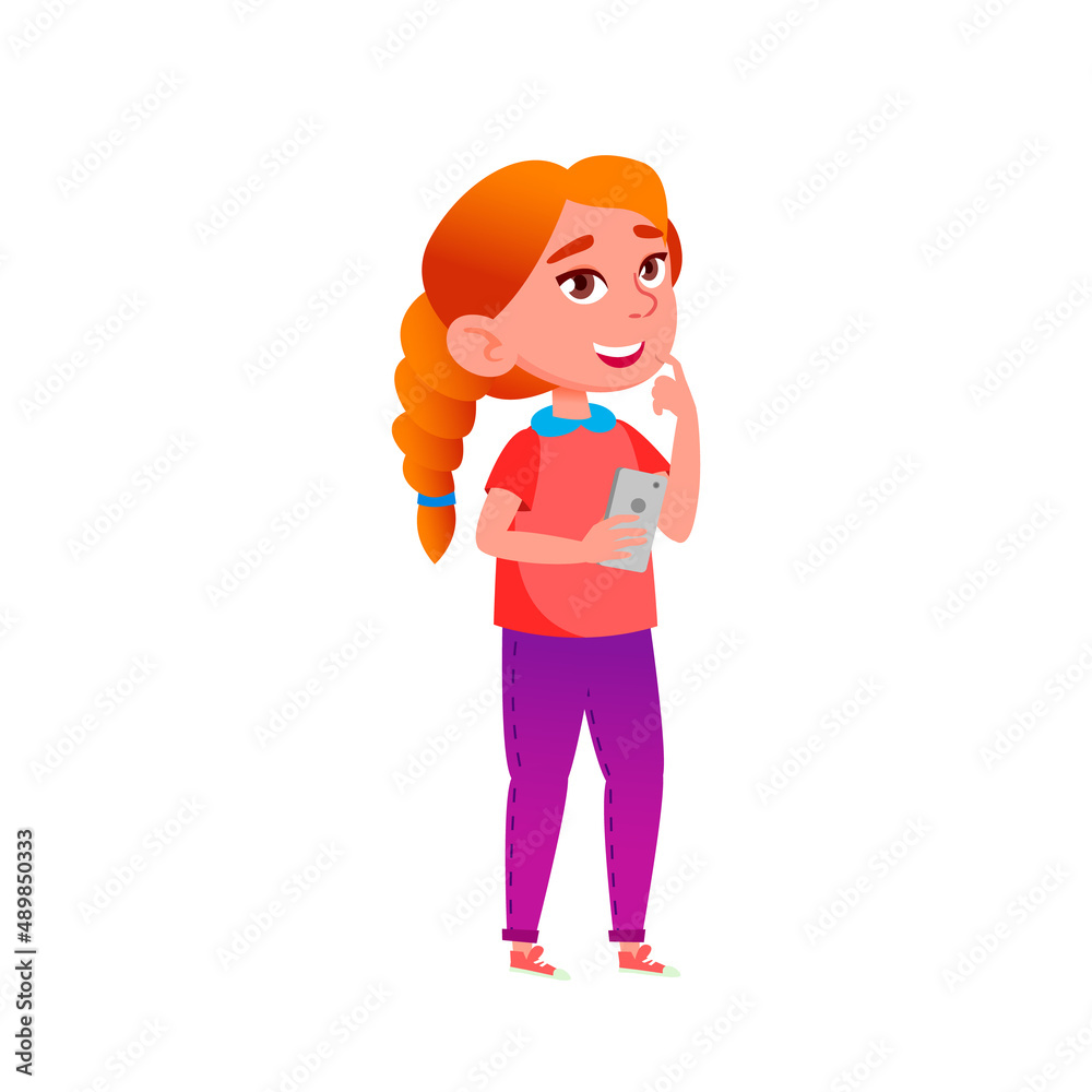 Teen Girl Using Mobile Phone For Chatting Vector. Schoolgirl Teenager Thinking Answer For Sending Sms To Friend On Phone. Happy Character Dreaming Or Think Flat Cartoon Illustration Teen Girl Using Mobile Phone For Chatting Vector. Schoolgirl Teenager Thinking Answer For Sending Sms To Friend On Phone. Happy Character Dreaming Or Think Flat Cartoon Illustration