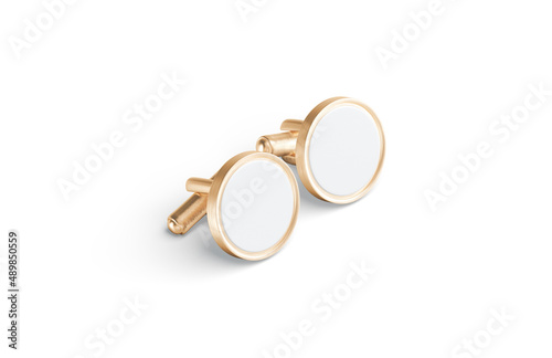 Blank round gold cufflinks toggle mockup pair lying, side view