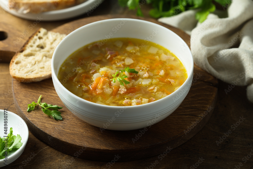 Traditional pea soup with smoked bacon Traditional pea soup with smoked bacon