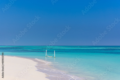 Fototapeta Naklejka Na Ścianę i Meble -  Luxury beach. Luxurious travel background. Summer vacation or holiday concept on tropical beach, white sand and an amazing over water hammock over blue sea with horizontal view. Exotic holiday resort