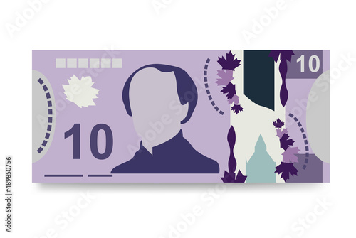 Canadian Dollar Vector Illustration. Canada money set bundle banknotes. Polymeric money 10 CAD. Flat style. Isolated on white background. Simple minimal design.