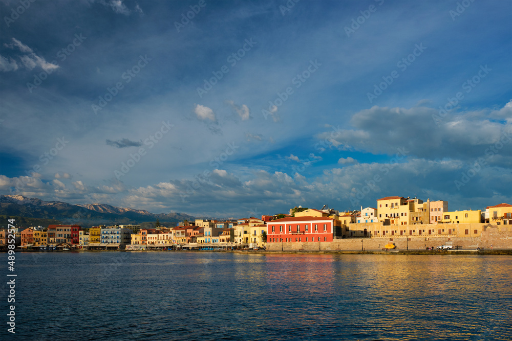 Picturesque old port of Chania is one of landmarks and tourist destinations of Crete island in the morning on sunrise. Chania, Crete, Greece