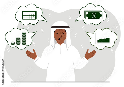 Screaming muslim man thinking about finances. In my thoughts money, calculator, charts. For posters, banners, websites.