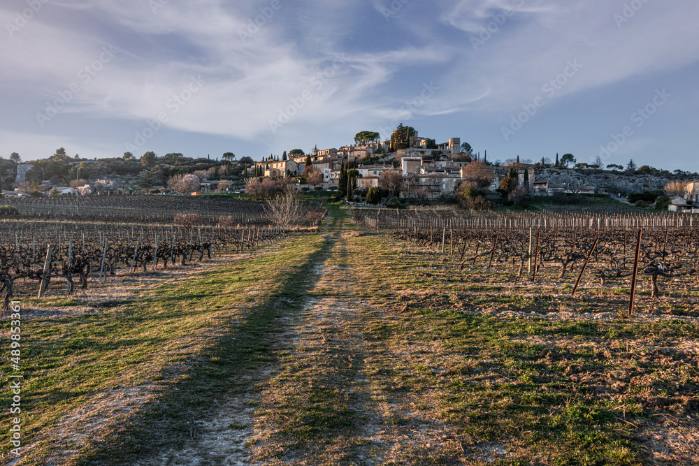 the provencal village of Joucas in the luberon national park  with vineyard in the forground in late winter , provence ,vaucluse ,France .