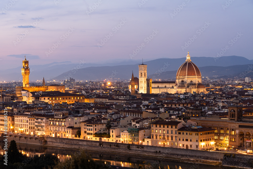 Venice, Italy: Beautiful panoramic view of the Cathedral of Santa Maria del Fiore from Piazza Michelangelo at night