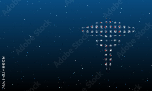 On the right is the caduceus symbol filled with white dots. Background pattern from dots and circles of different shades. Vector illustration on blue background with stars