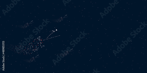 A Ski jumping symbol filled with dots flies through the stars leaving a trail behind. There are four small symbols around. Vector illustration on dark blue background with stars