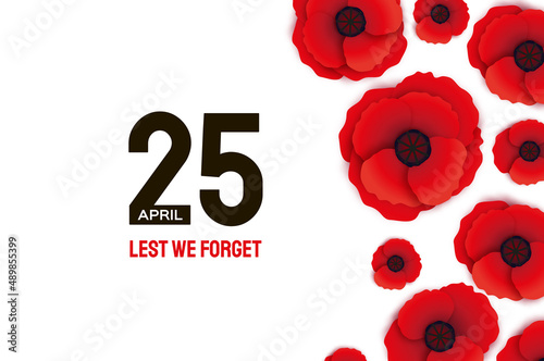 Anzac day with Bright Red Poppy flower in paper cut style. Lest we forget. National Day of Remembrance in Australia and New Zealand. April 25. Space for text.
