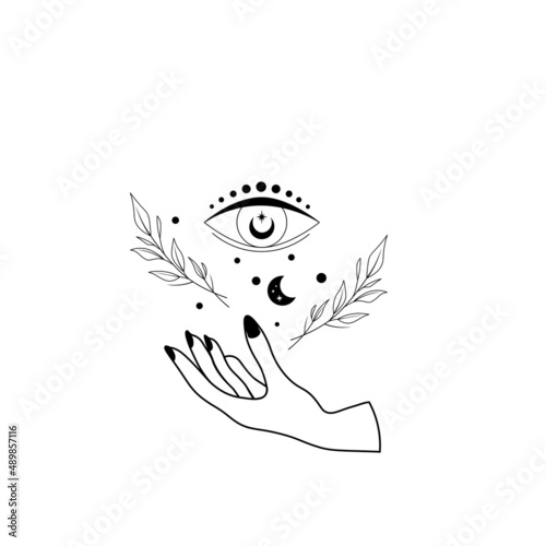 Elegant hand and mystic eye. Elegant vector illustration. Esoteric elements. Witch hand isolated on white background. Use for card, t-shirt print, astrology poster, tarot logo, meditation poster.