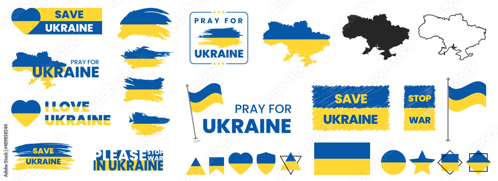 Pray for Ukraine, stop war, save Ukraine, I love Ukraine, Ukraine flag praying concept vector set. Ukraine flag vector design illustration - obrazy, fototapety, plakaty 