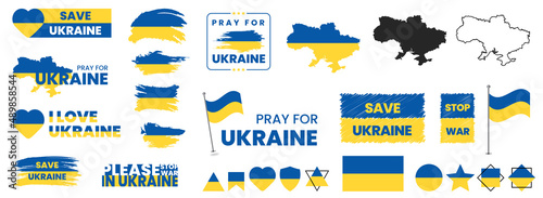 Obraz na płótnie Pray for Ukraine, stop war, save Ukraine, I love Ukraine, Ukraine flag praying concept vector set