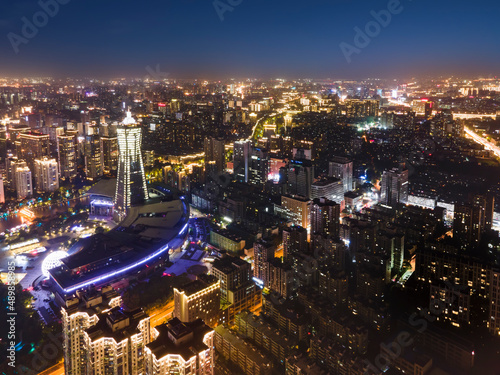 Aerial photography of night view of Wulin Square in the old city of Hangzhou photo