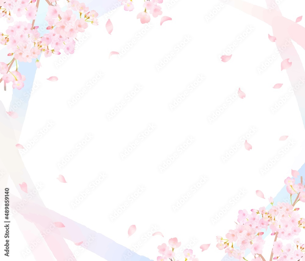 美しい水彩画風淡いピンク色の桜の花と花びら春の白バックのフレームベクター素材イラスト 美しい水彩画風淡いピンク色の桜の花と花びら春の白バックのフレームベクター素材イラスト