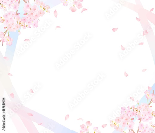 美しい水彩画風淡いピンク色の桜の花と花びら春の白バックのフレームベクター素材イラスト