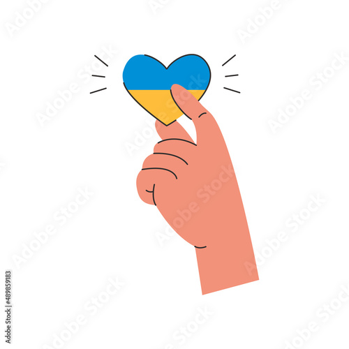 Hand holding holding Ukrainian national blue and yellow flag in heart shape. Ukraine invasion. No to war in Ukraine. Antiwar concept. Vector illustration isolated on white.