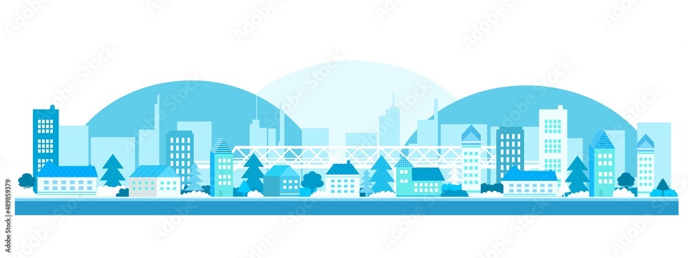 Vector poster with the city in blue. Modern city with trees, buildings and a bridge.	