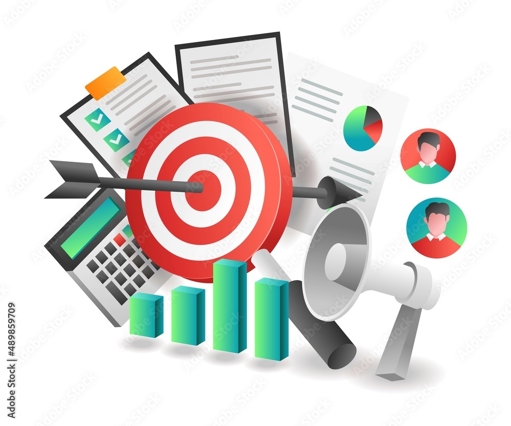 Flat isometric illustration concept. successful investment business plan target campaign Flat isometric illustration concept. successful investment business plan target campaign