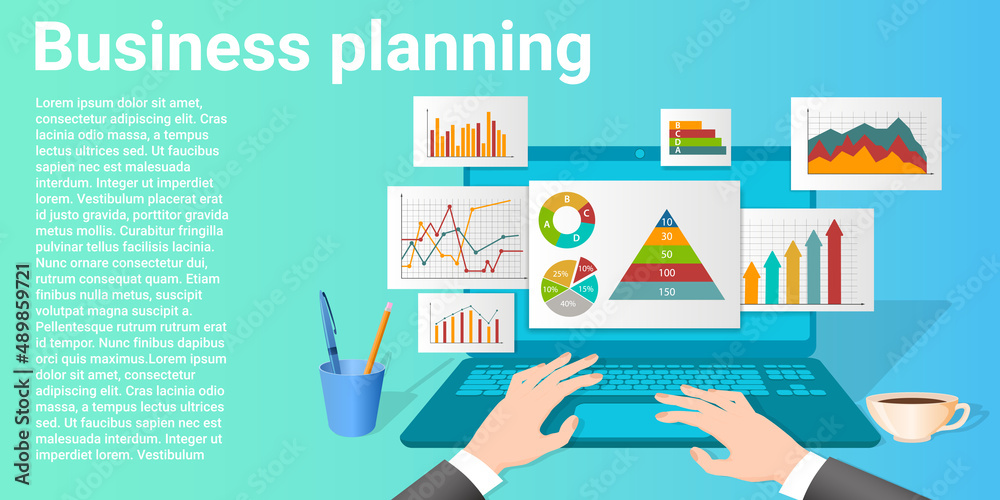 Business planning.A businessman studies graphs and diagrams of business activity.The concept of business and finance.Poster in business style.Flat vector illustration.