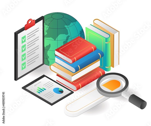 Flat isometric illustration concept. search the contents of book information on the internet
