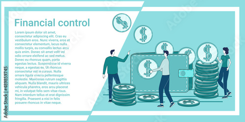 Financial control.People on the background of a wallet and coins sort money.Financial activity and cash flow.An illustration in the style of a green landing page.