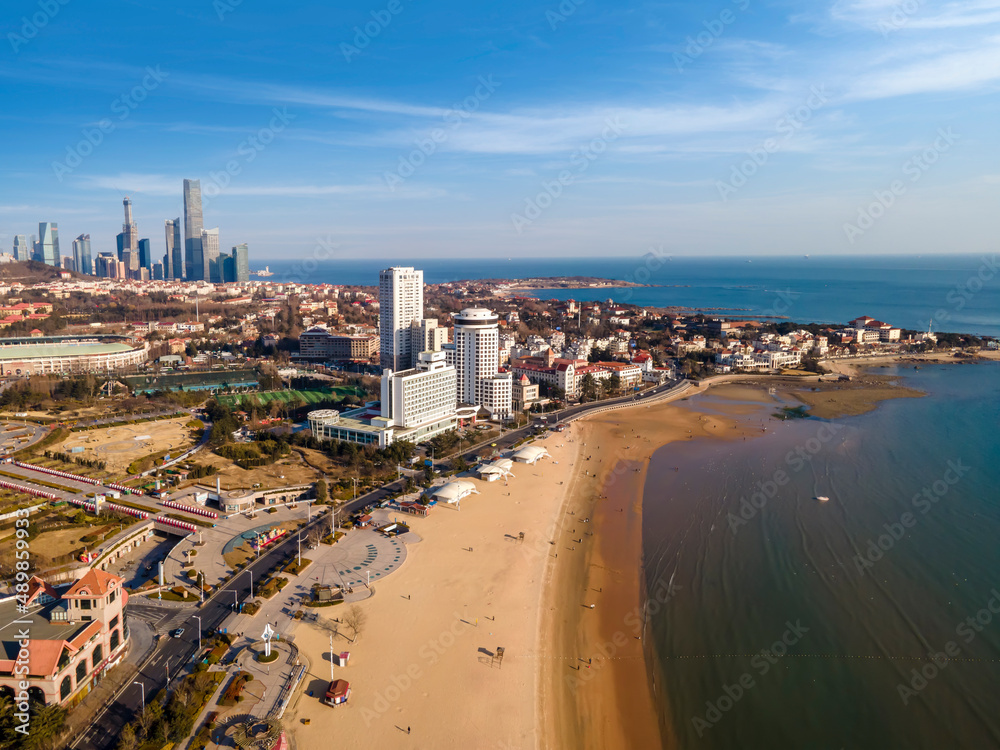 Aerial photography of the coastline scenery of the old city of Qingdao, China