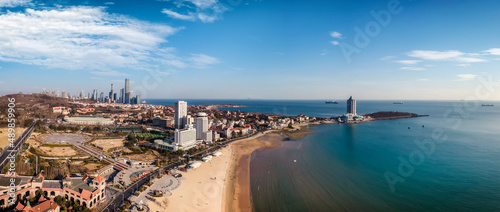 Aerial photography of the coastline scenery of the old city of Qingdao, China